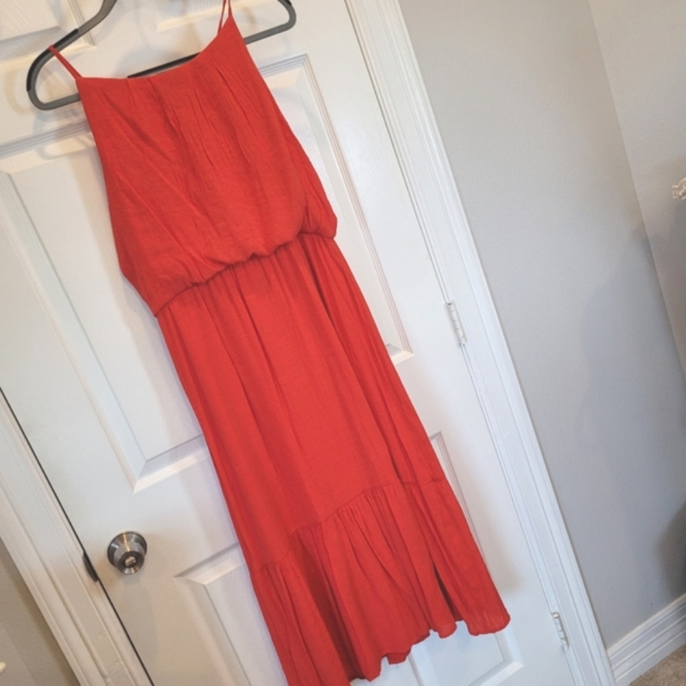 Tacera Fire Engine Red Elastic Waist Summer Crepe A-line Maxi Size Petite XL